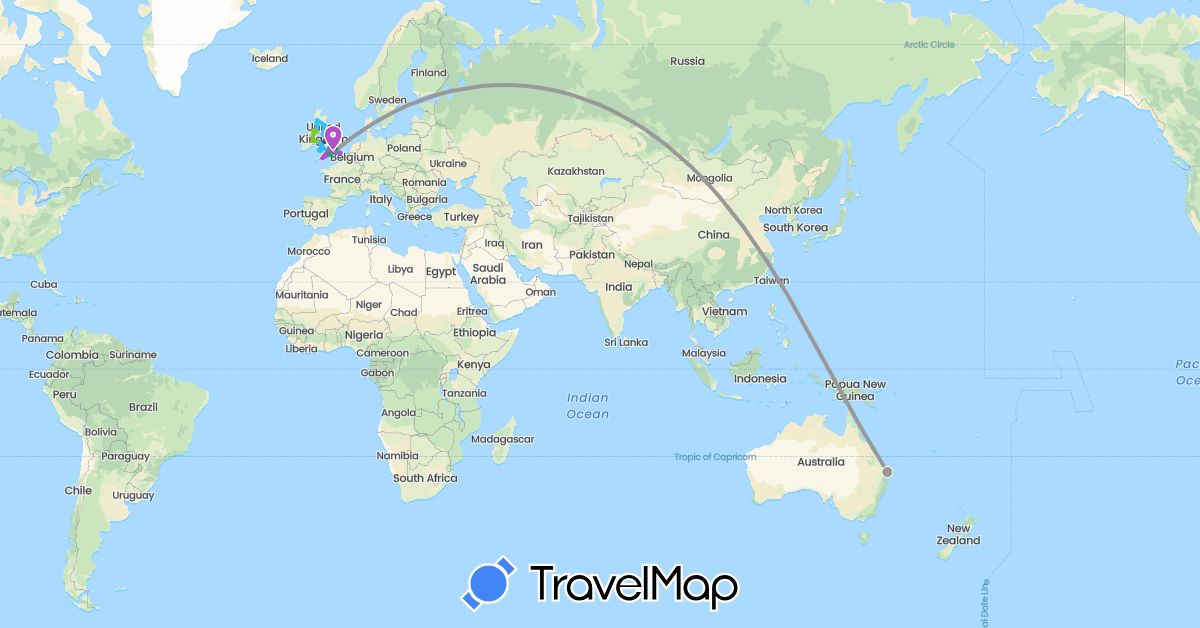 TravelMap itinerary: driving, bus, plane, cycling, train, boat, hitchhiking, motorbike, electric vehicle in Australia, United Kingdom, Ireland (Europe, Oceania)